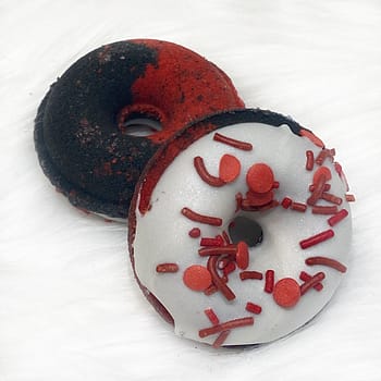 Red and black cocoa butter donut bath bomb